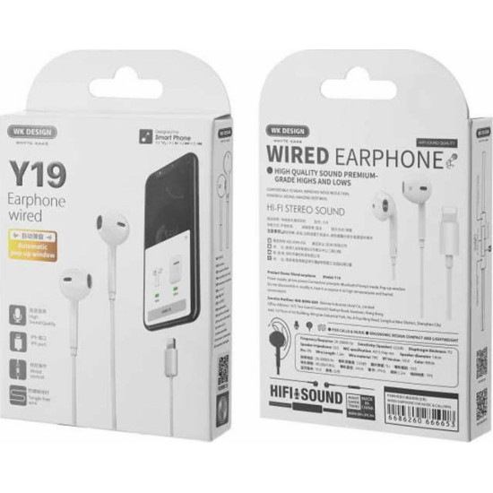 WK Y19 Earbuds Handsfree με Βύσμα Lightning Λευκό