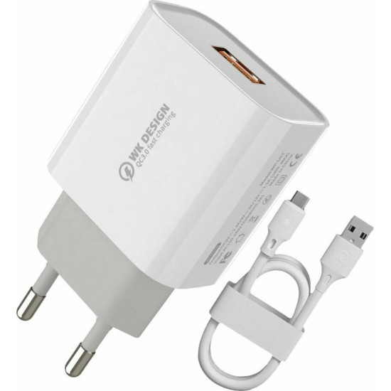 WK Φορτιστής με Θύρα USB-A και Καλώδιο USB-C 18W Quick Charge 3.0 Λευκός (WP-U57)