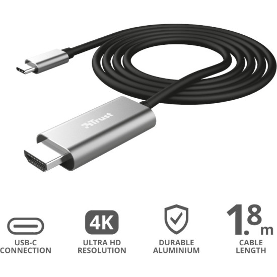 Trust HDMI 1.4 Cable HDMI male - USB-C male 1.8m Ασημί Trust HDMI 1.4 Cable HDMI male - USB-C male 1.8m Ασημί