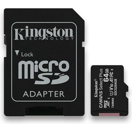 Kingston Canvas Select Plus microSDXC 64GB Class 10 U1 V10 A1 UHS-I με αντάπτορα