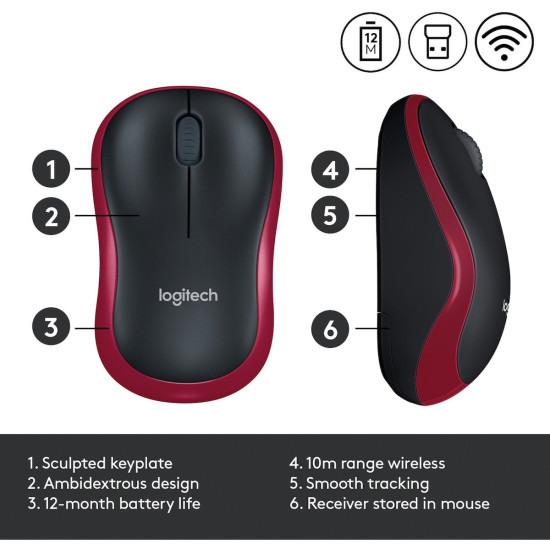 Logitech M185 Ασύρματο Mini Ποντίκι Μαύρο/Κόκκινο (910-002240)