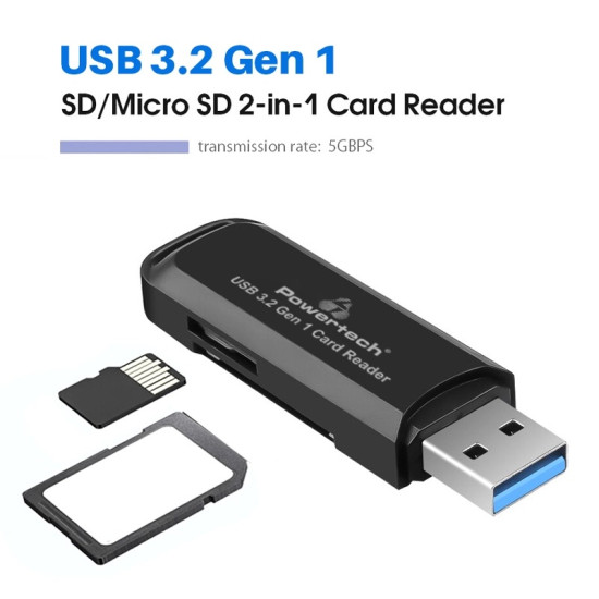 Powertech Card Reader για SD and micro SD, USB 3.2, 5Gbps, μαύρο [PT-1112]