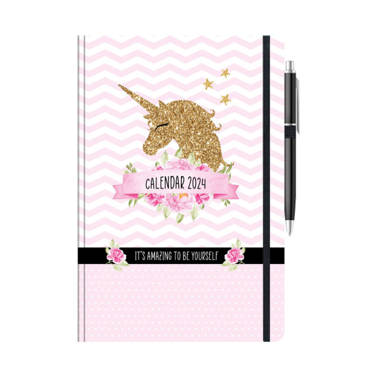 Ημερήσιο ημερολόγιο 2023 Καρό 12x17 cm. με λάστιχο και στυλό μονόκερος