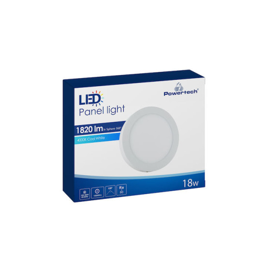 Powertech Στρογγυλό Εξωτερικό LED Panel Ισχύος 18W με Φυσικό Λευκό Φως 22.5x22.5εκ.